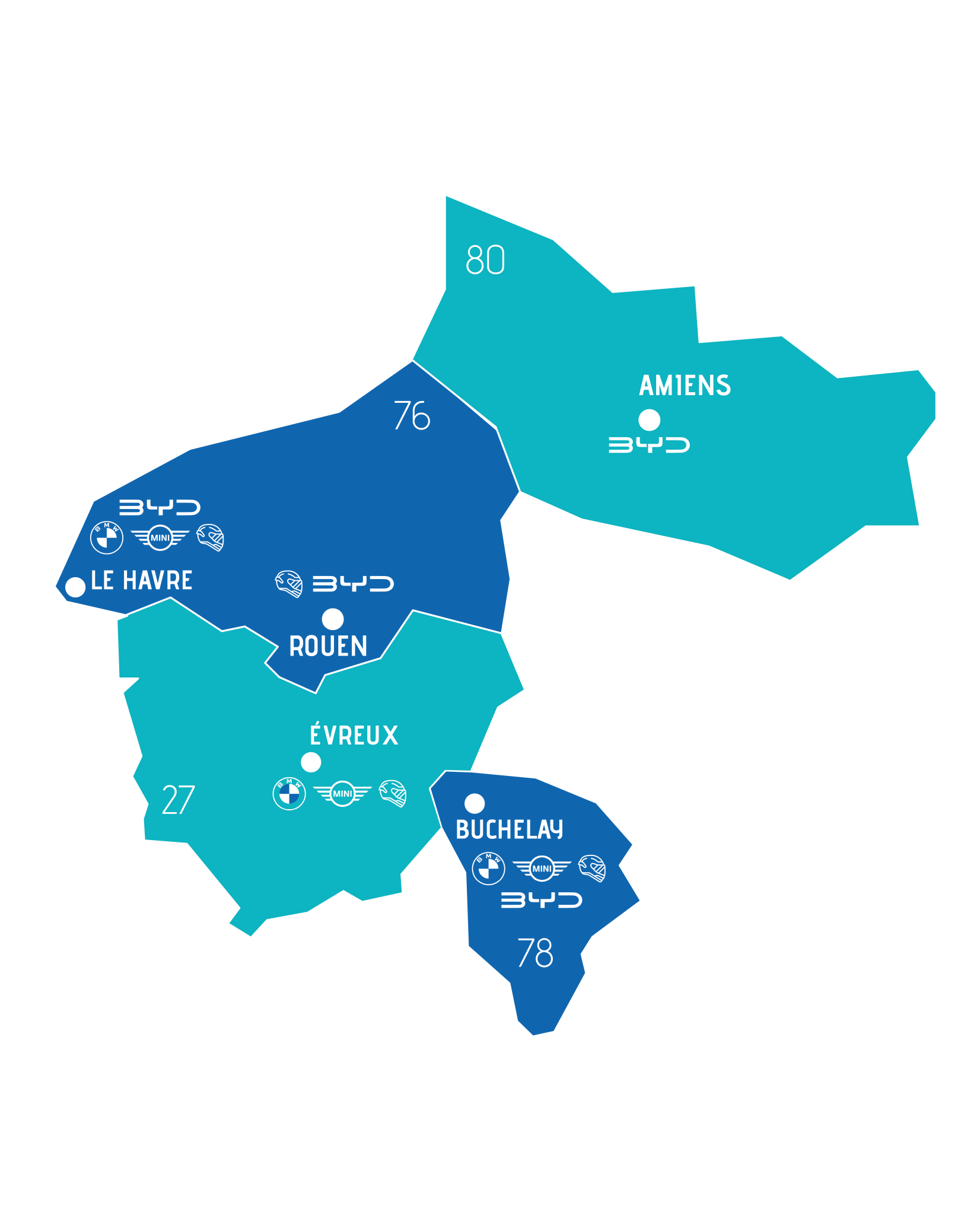 Carte du Groupe BMS, concession BMW, MINI, BMW Motorrad et BYD